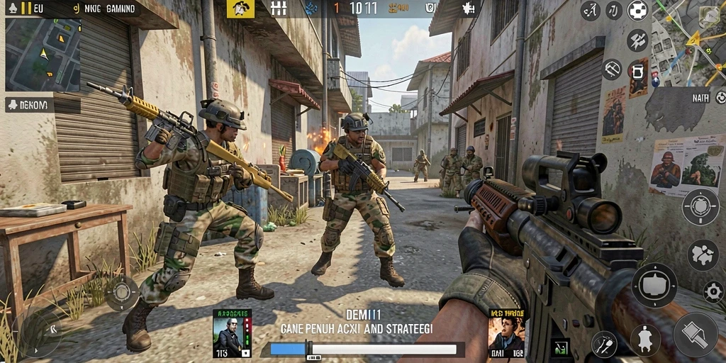 Screenshot menunjukkan aksi seru dalam permainan FPS DEMI11.
