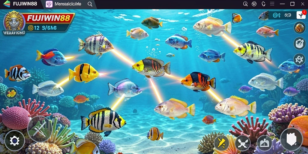 Gameplay seru FUJIWIN88 saat menembak ikan di bawah laut.