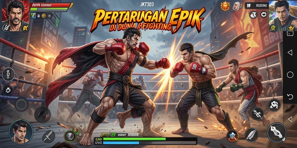 Tangkapan layar utama JKT303 menampilkan pertarungan seru antara dua karakter.