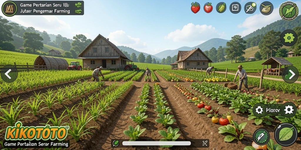 Tangkapan layar KIKOTOTO menampilkan ladang pertanian yang subur dan hewan ternak.