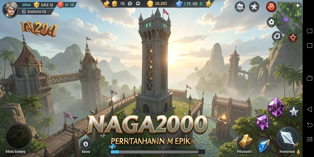 Screenshot gameplay NAGA2000 menampilkan aksi menara bertahan melawan gelombang musuh.