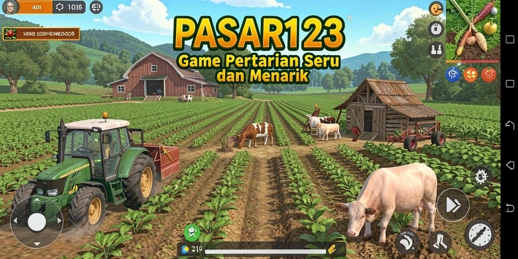 Screenshot utama PASAR123 menampilkan kebun yang sedang berkembang pesat.