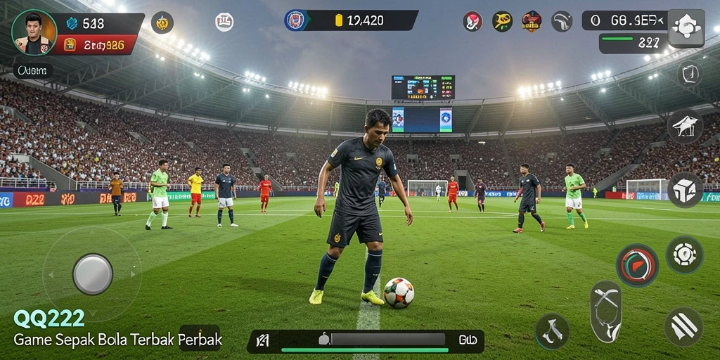 Screenshot gameplay QQ222 yang menunjukkan aksi seru di lapangan sepak bola.